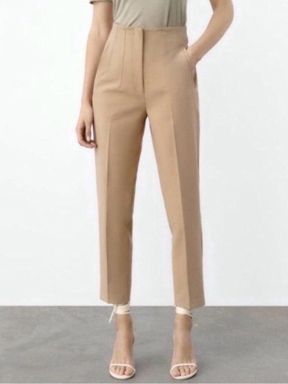 Zara High Waisted Slim Tapered Trousers Womens Small Beige Tan Minimalist